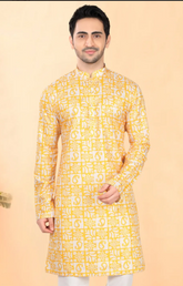 Yellow Dupion Silk Kurta Set with Self Print